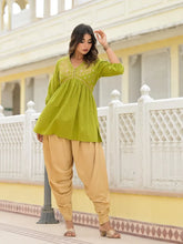 Women Gold Ethnic Motif Printed Cotton Top And Pant Co-Ord Set With Zari Work-J4635OLIVE